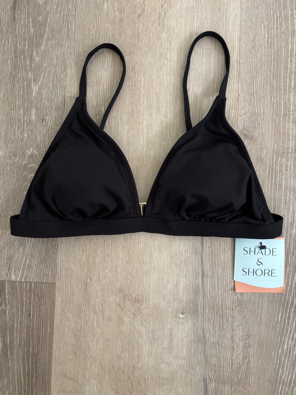 Shade & Shore Black Ribbed Triangle Bikini Top with Gold Accent